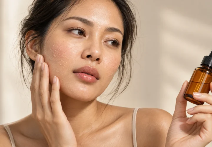 Perempuan memegang serum retinol dengan kulit wajah yang tampak kering dan sensitif
