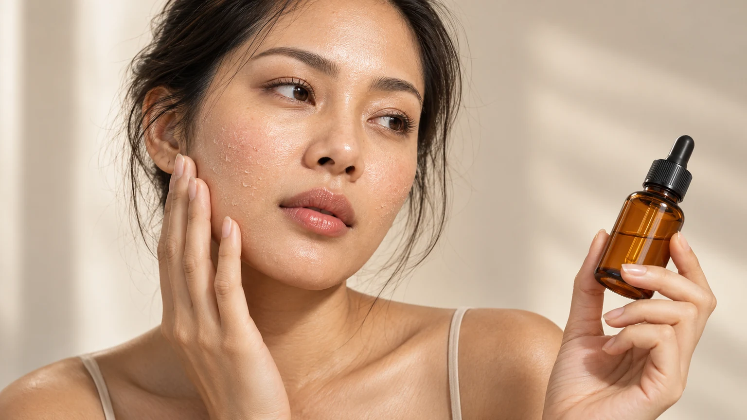 Perempuan memegang serum retinol dengan kulit wajah yang tampak kering dan sensitif