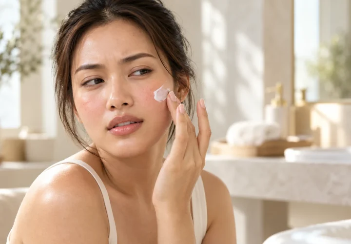 Perempuan mengoleskan sunscreen pada pipi dengan kulit wajah sensitif