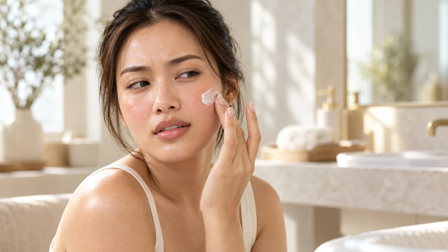 Perempuan mengoleskan sunscreen pada pipi dengan kulit wajah sensitif