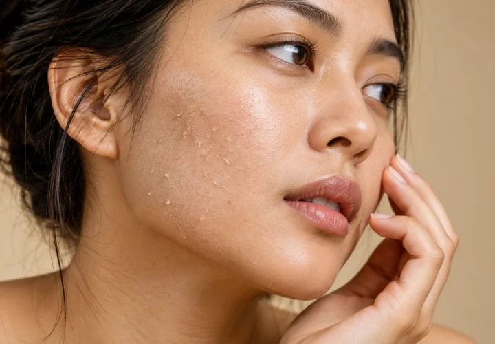 Close-up pipi dengan kulit kering dan sedikit mengelupas setelah penggunaan skincare aktif