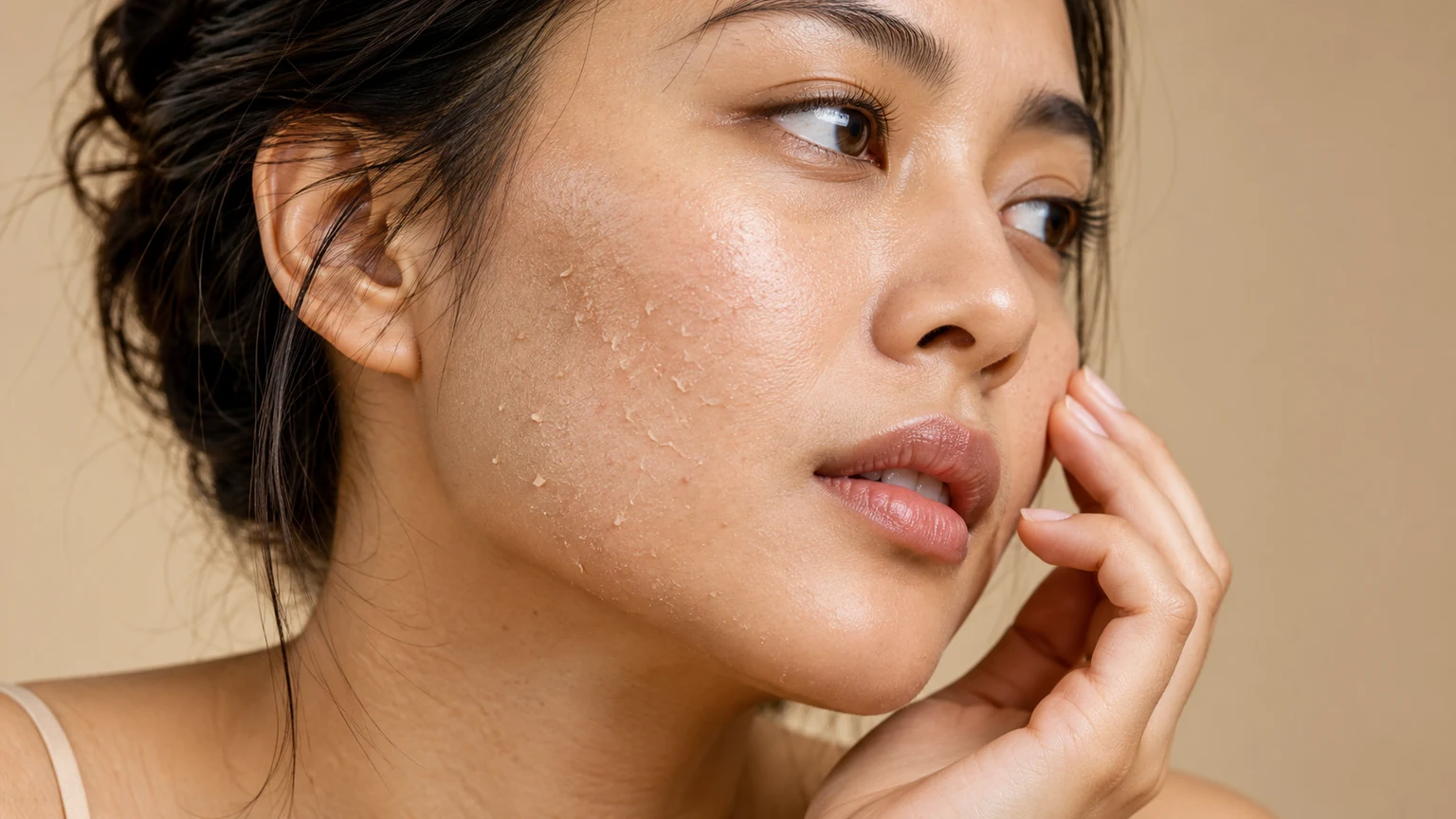 Close-up pipi dengan kulit kering dan sedikit mengelupas setelah penggunaan skincare aktif
