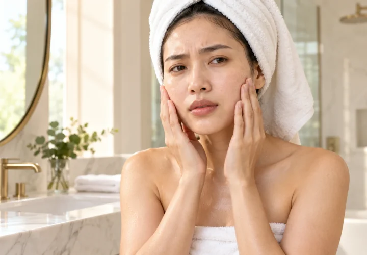 Perempuan menyentuh kedua pipi setelah mencuci wajah di kamar mandi