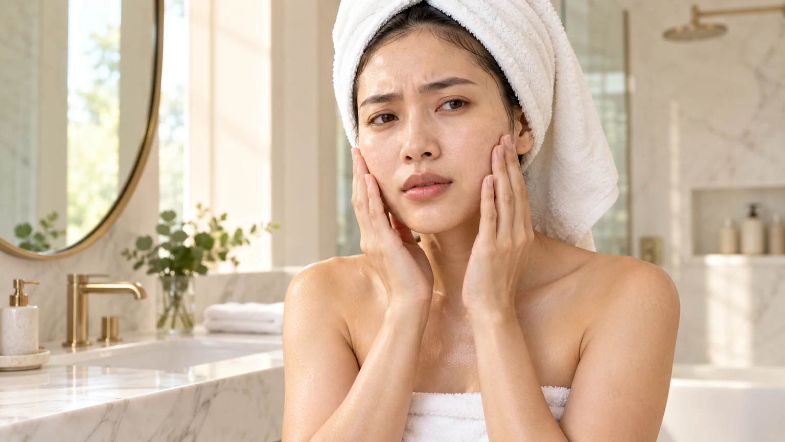 Perempuan menyentuh kedua pipi setelah mencuci wajah di kamar mandi