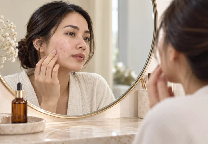 Perempuan mengamati jerawat ringan di wajah melalui cermin dengan serum retinol di meja