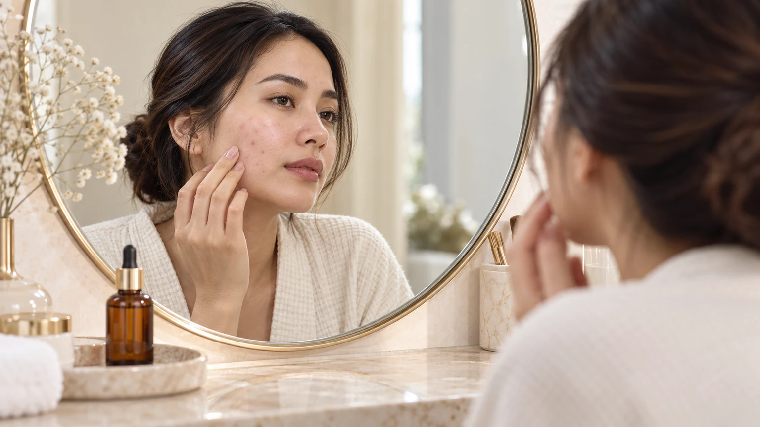 Perempuan mengamati jerawat ringan di wajah melalui cermin dengan serum retinol di meja