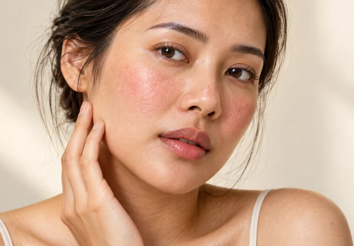 Perempuan menyentuh pipi dengan kemerahan ringan setelah eksfoliasi kulit