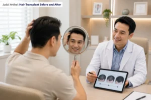 Pasien mengevaluasi hasil hair transplant secara bertahap bersama dokter
