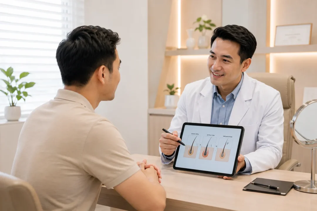 Konsultasi biaya hair transplant dengan dokter di klinik estetika