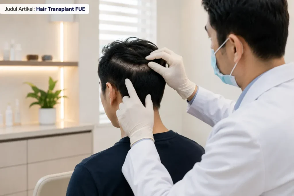 Pemeriksaan area donor sebelum hair transplant FUE di klinik