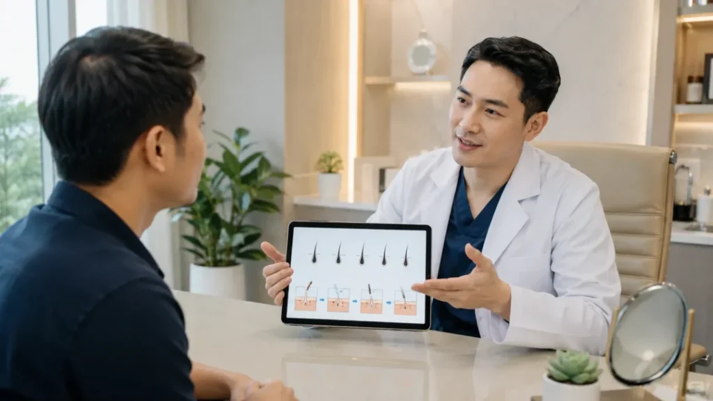 Dokter menjelaskan proses hair transplant kepada pasien saat konsultasi