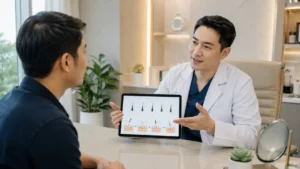 Dokter menjelaskan proses hair transplant kepada pasien saat konsultasi