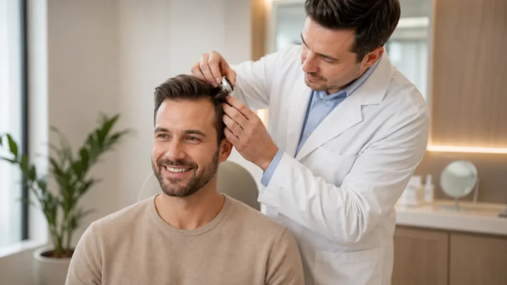 Dokter mengevaluasi kepadatan rambut setelah hair transplant