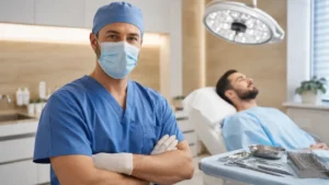 Persiapan tindakan hair transplant surgery di ruang klinik modern
