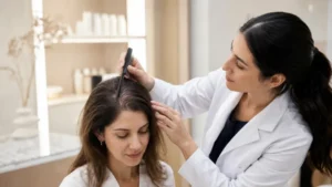 Dokter memeriksa rambut menipis pada wanita sebelum hair transplant