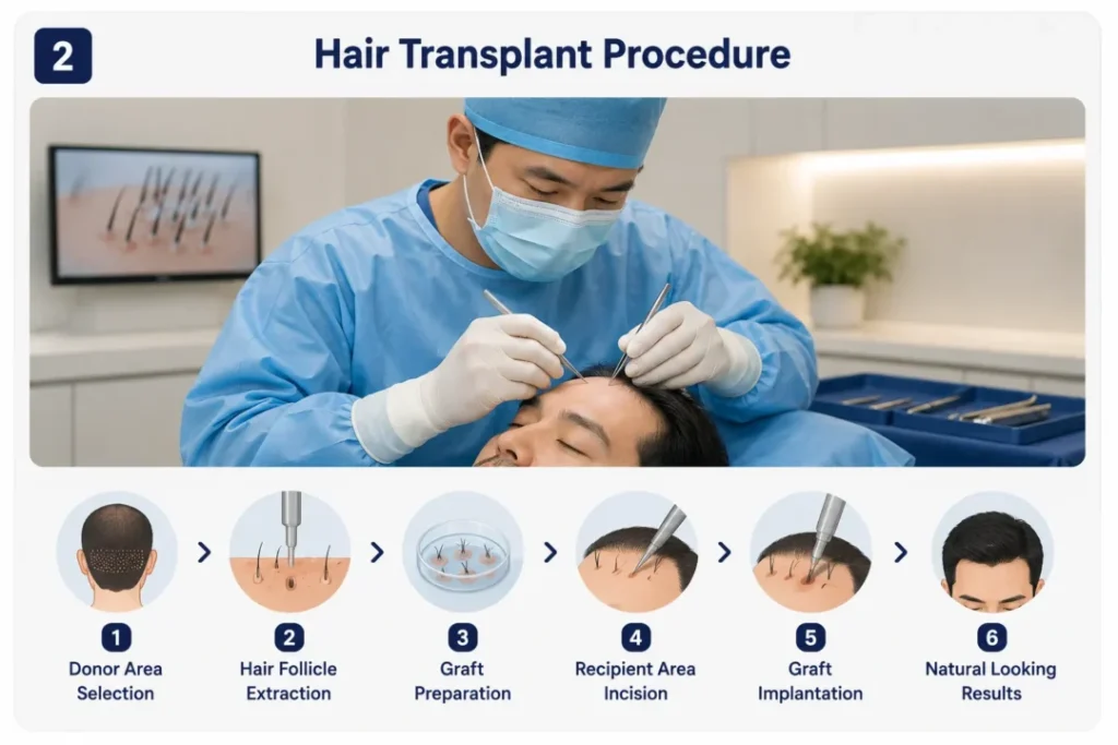 Ilustrasi tahapan hair transplant procedure dari konsultasi sampai tindakan