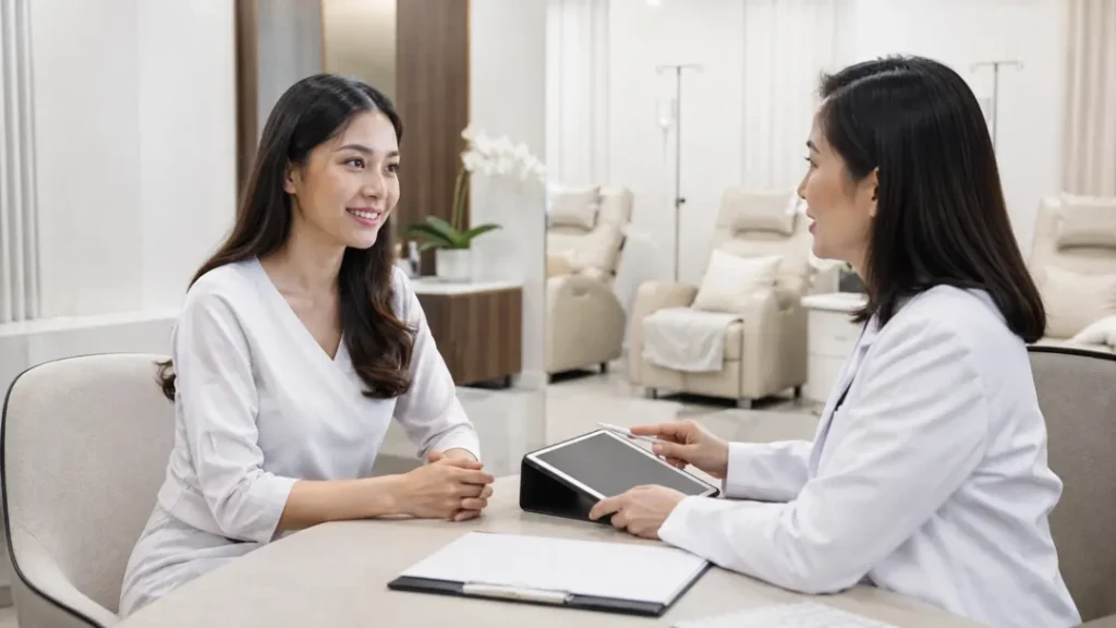 Konsultasi infus whitening dan evaluasi sebelum treatment
